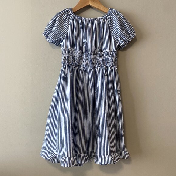Handmade Children's Blue White Stripes Upcycled 100% Cotton Ruffle Dress - Picture 2 of 15